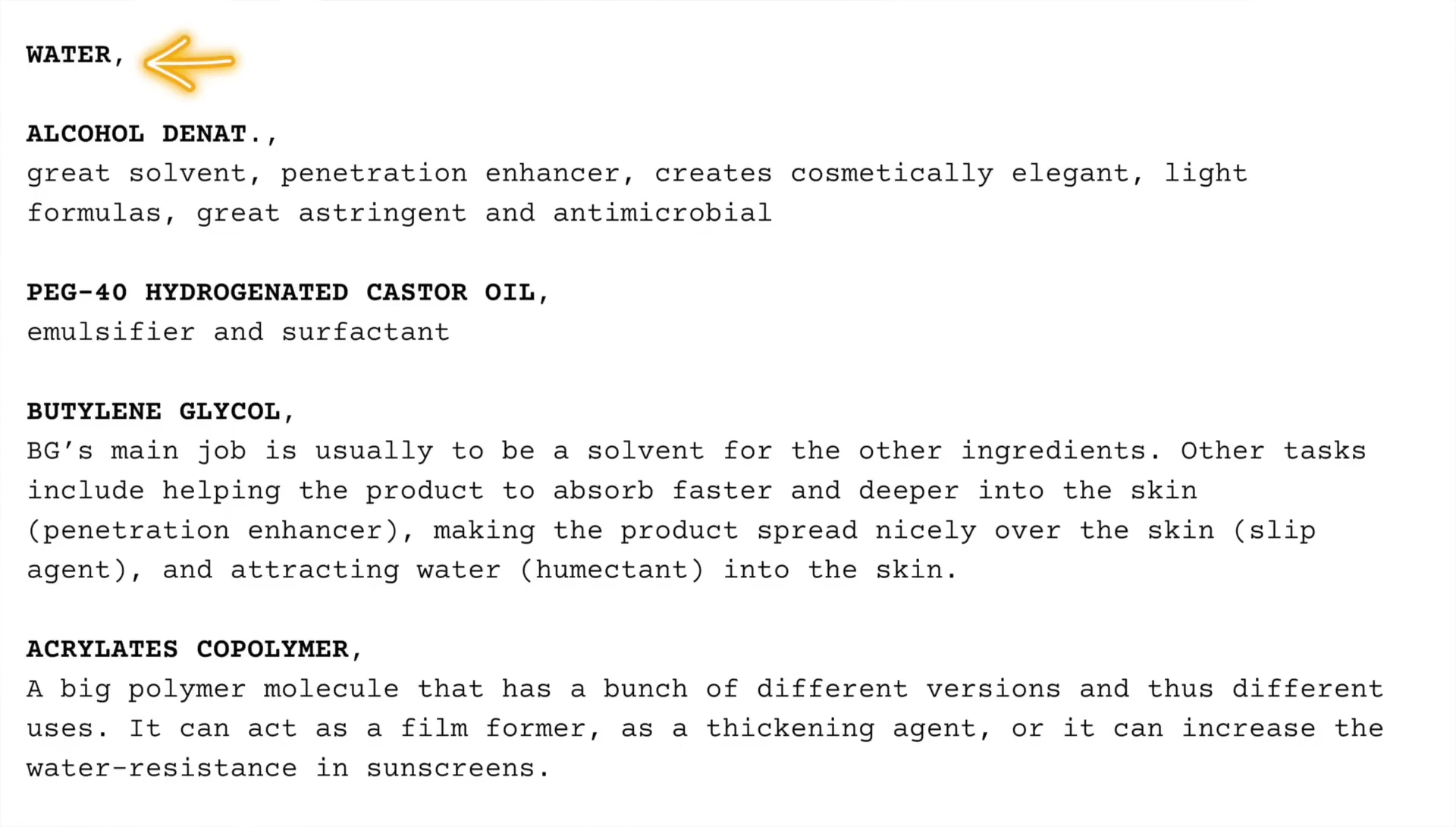 Screenshot of the ingredient list
