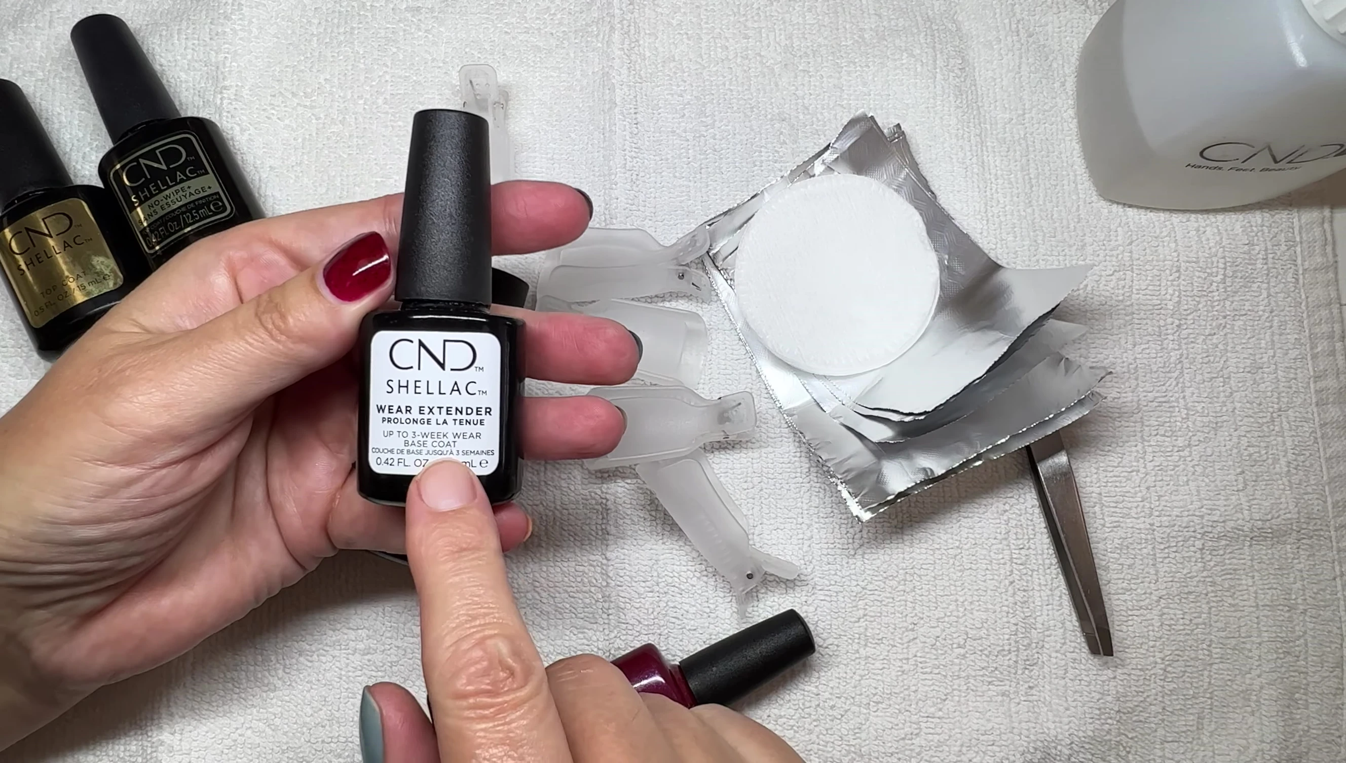 Close-up of the CND Shellac base coat bottles.