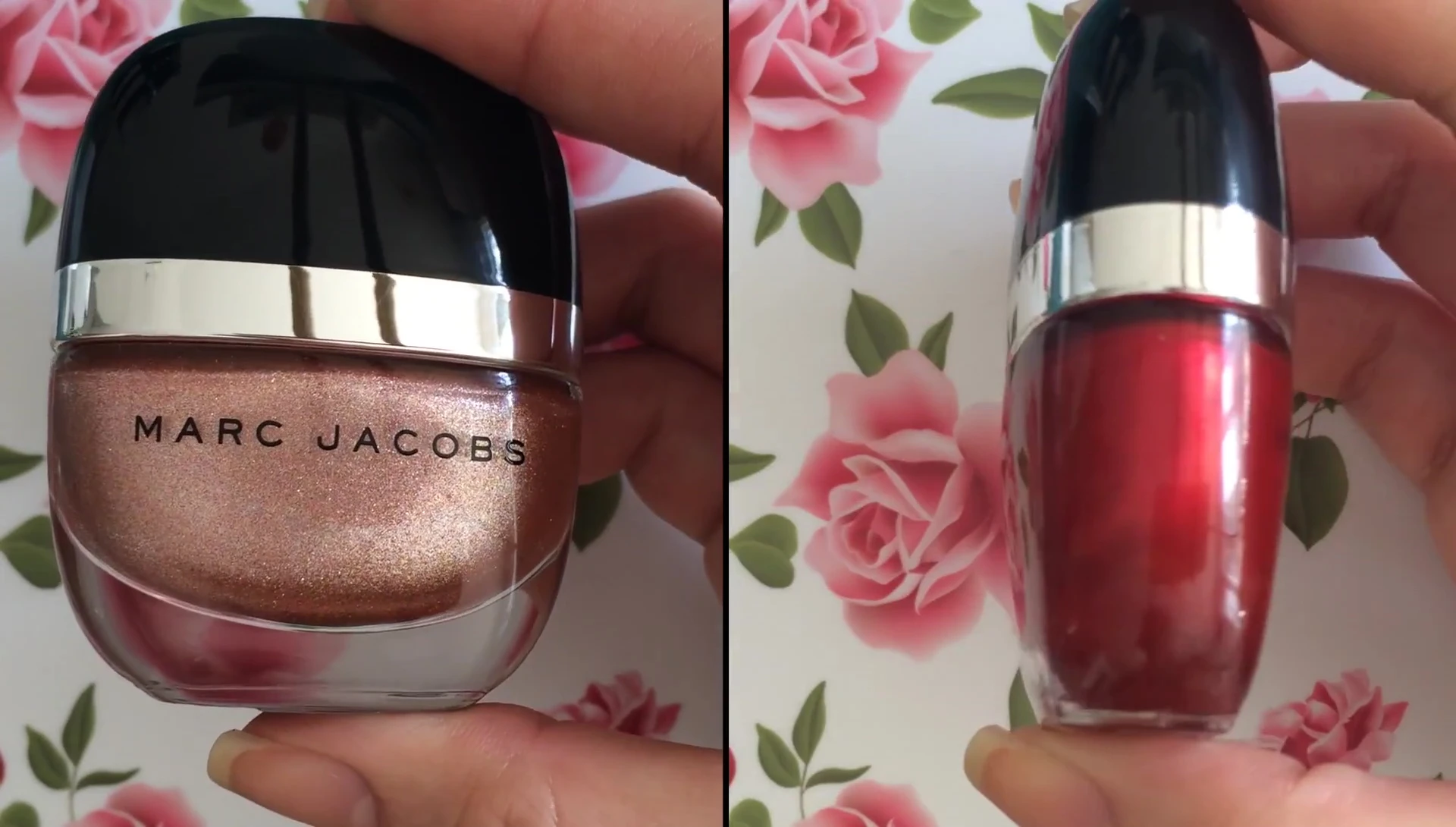 Close-up of the Marc Jacobs Enamored nail polish bottles, showcasing L'Charm and Desire.
