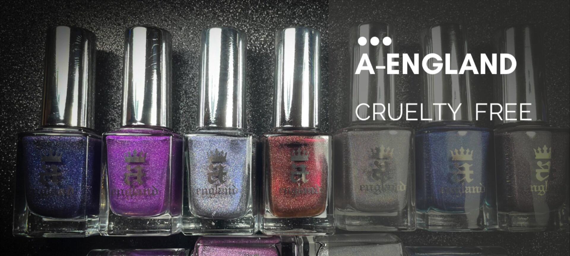 Image showcasing the cruelty-free, vegan, and 12-free aspects of A-England polishes.