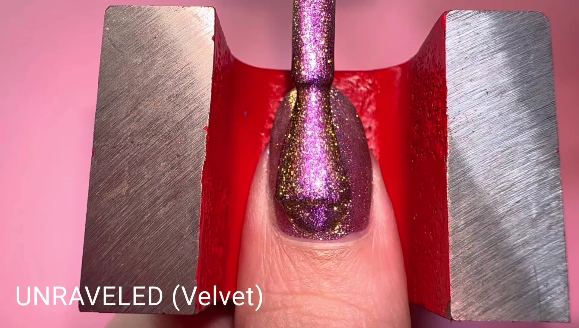 Unraveled polish velvetized with horseshoe magnet.