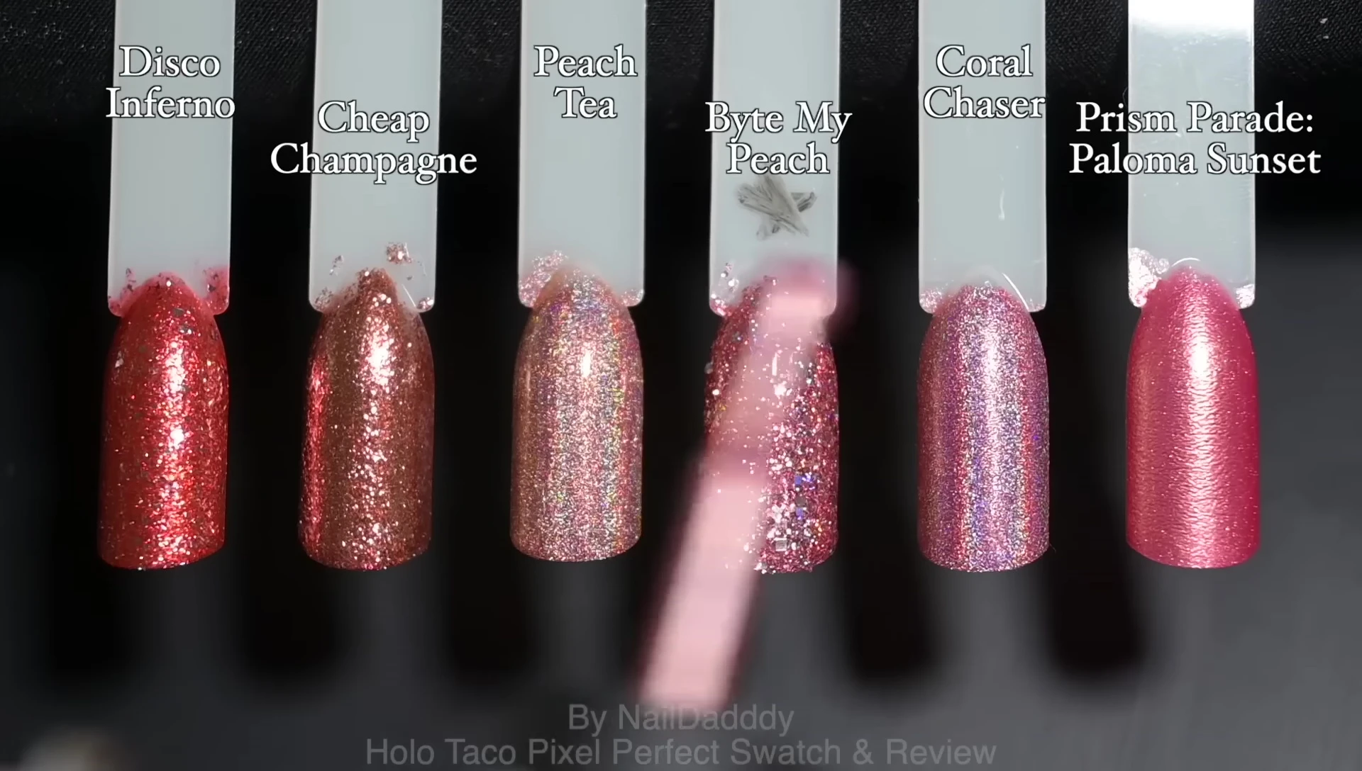 Comparison swatch of Bite My Peach with similar Holo Taco polishes