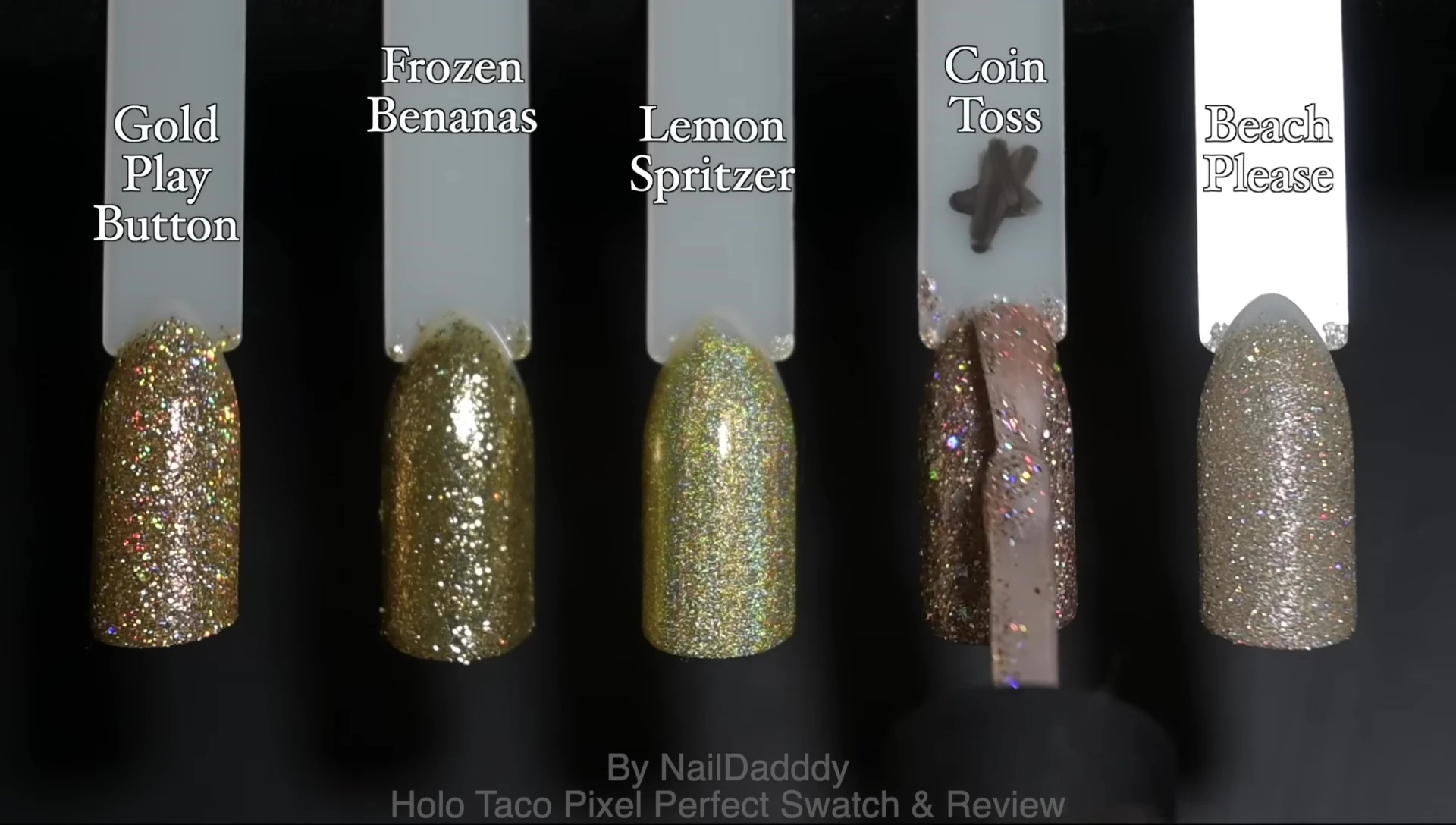 Comparison swatch of Coin Toss with other Holo Taco gold and yellow polishes