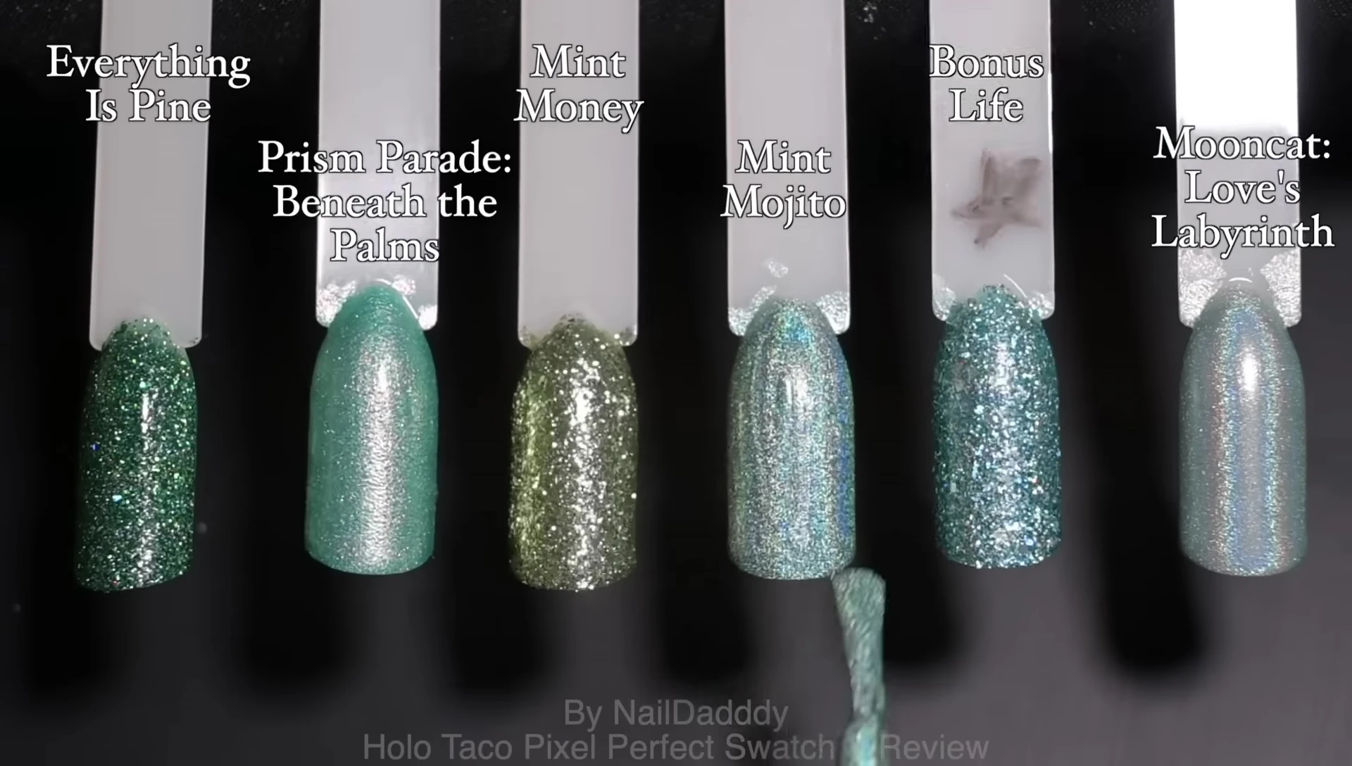 Comparison swatch of Bonus Life with other Holo Taco mint and green polishes