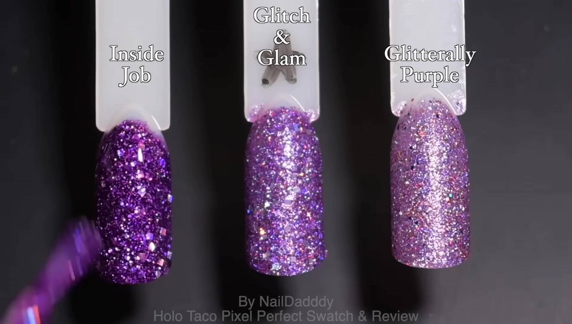 Comparison swatch of Glitching Glam with similar Holo Taco purples