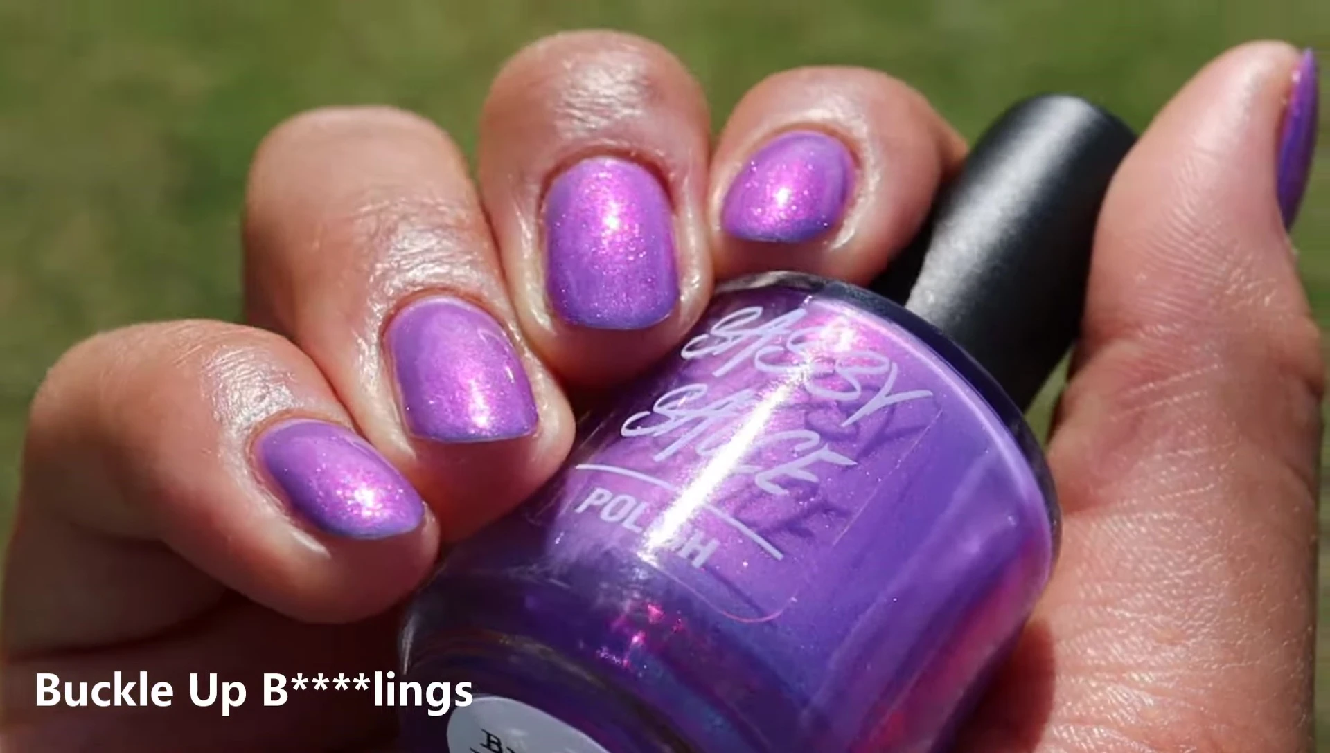 Buckle Up nail polish swatches in direct sunlight showcasing the color shift
