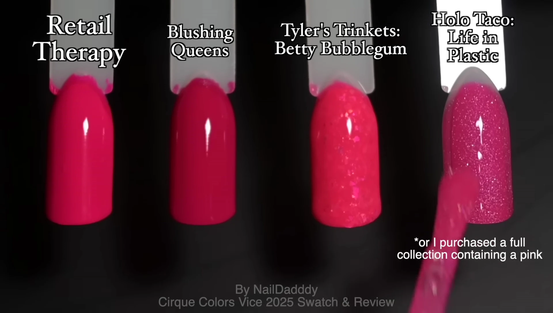 Comparison swatches of Retail Therapy with similar pink polishes.