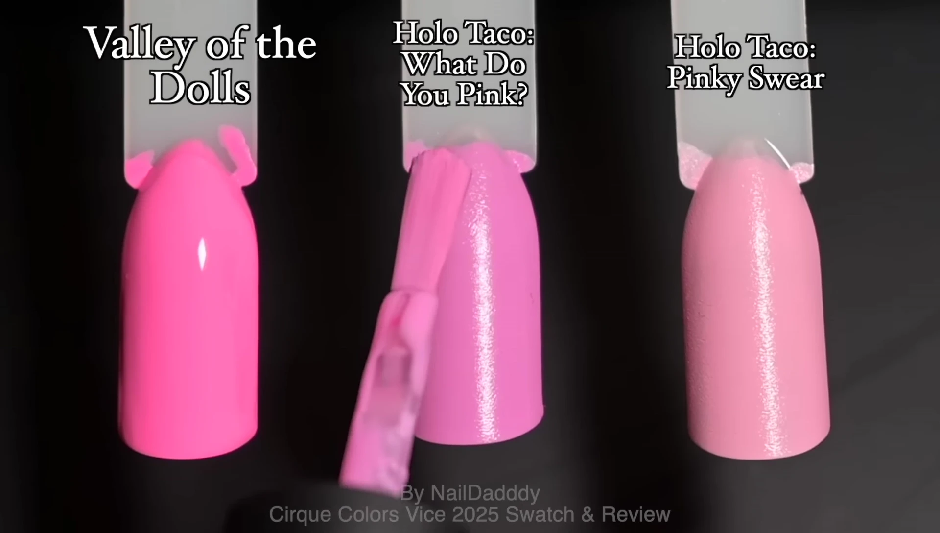 Comparison swatches of Valley of the Dolls with similar pink polishes.