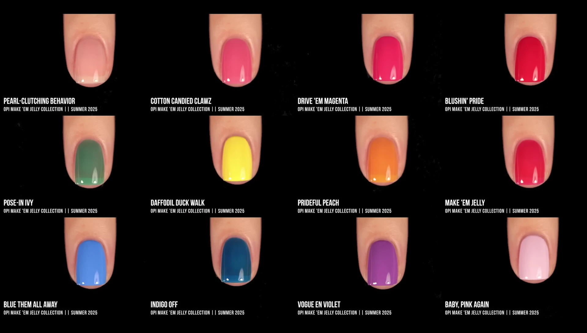 All the polishes from the collection shown together in a row.