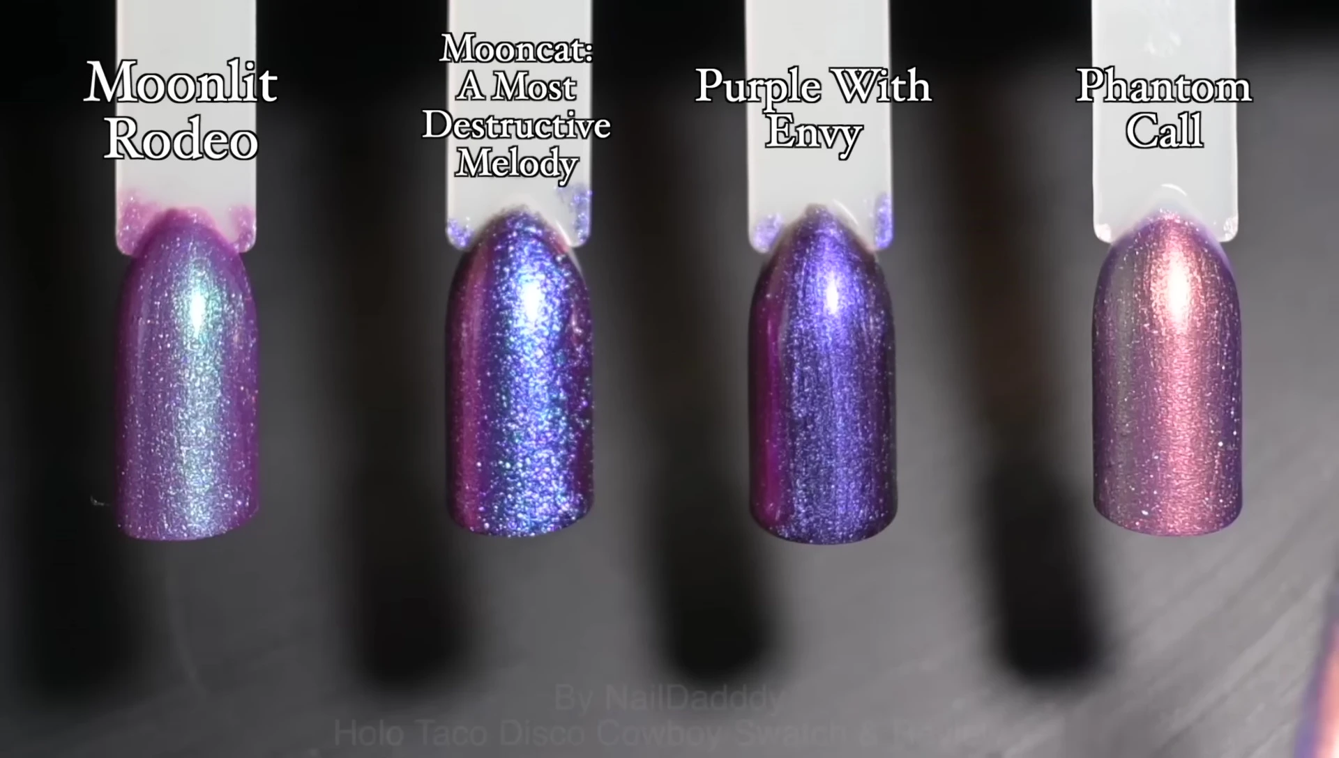 Comparison swatches of Moonlight Rodeo with other purple polishes.