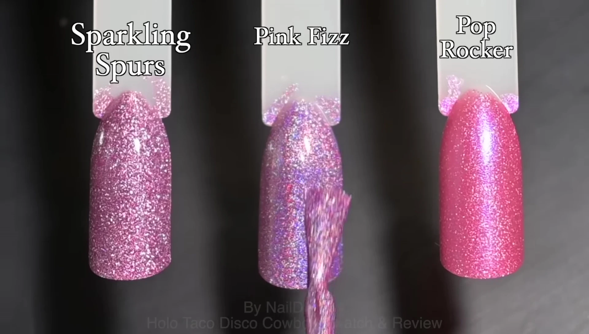 Comparison swatches of Sparkling Spurs with other pink and purple polishes.