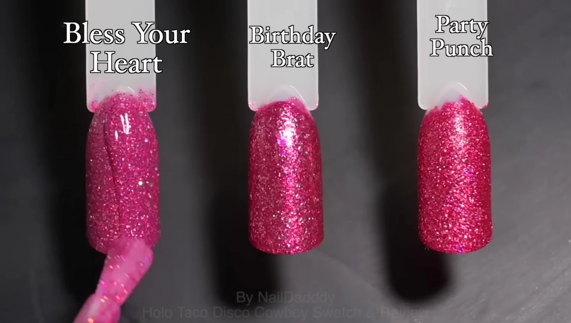 Comparison swatches of Bless Your Heart with other pink and glitter polishes.