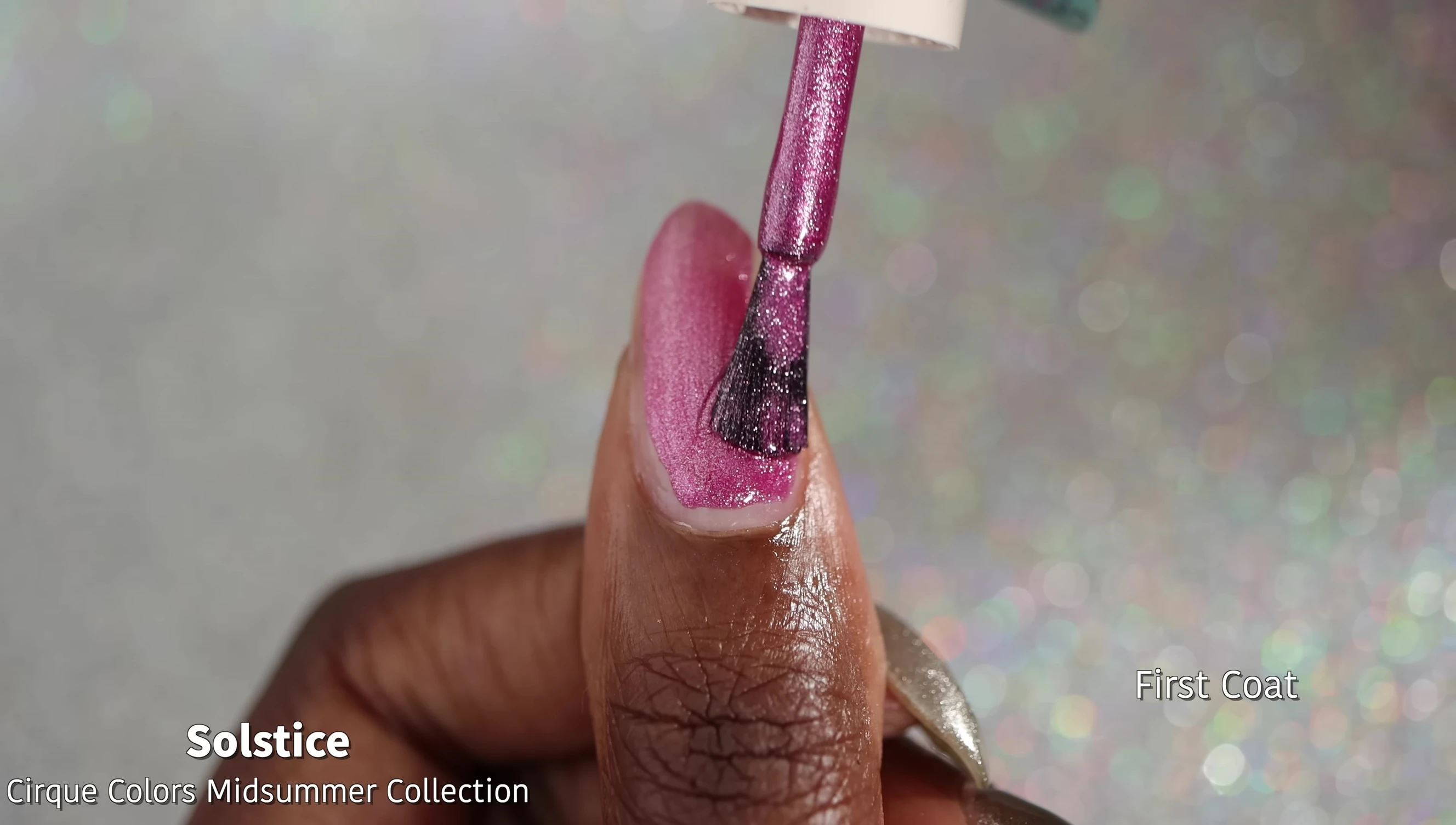 Close-up of Solstice nail polish bottle and swatch.