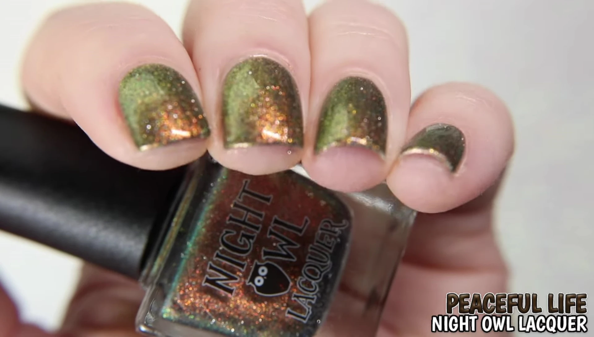 Night Owl Lacquer Peaceful Life showcasing color shift in various lighting