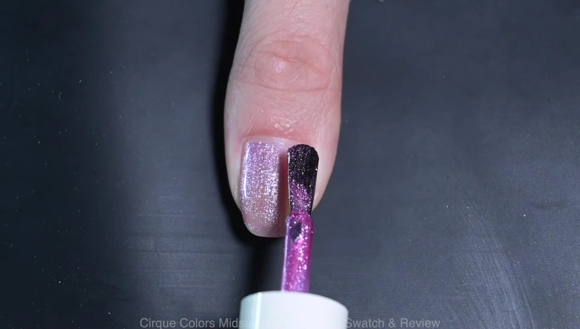 Close-up shot of Flora and Solstice swatches on nails.