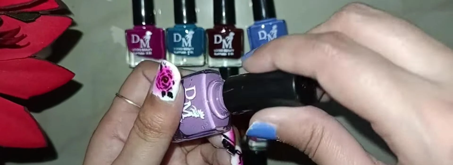 Close-up showing the texture of one of the nail polishes.
