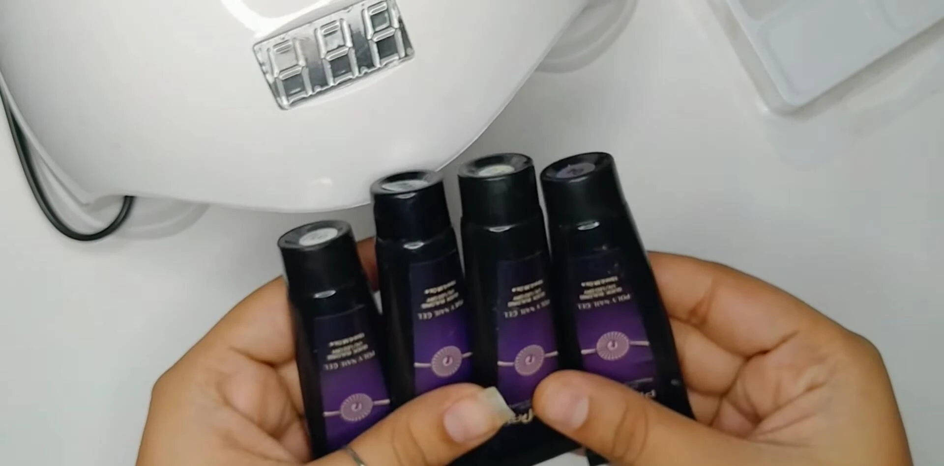 Showcase of the different colored polygels included in the kit