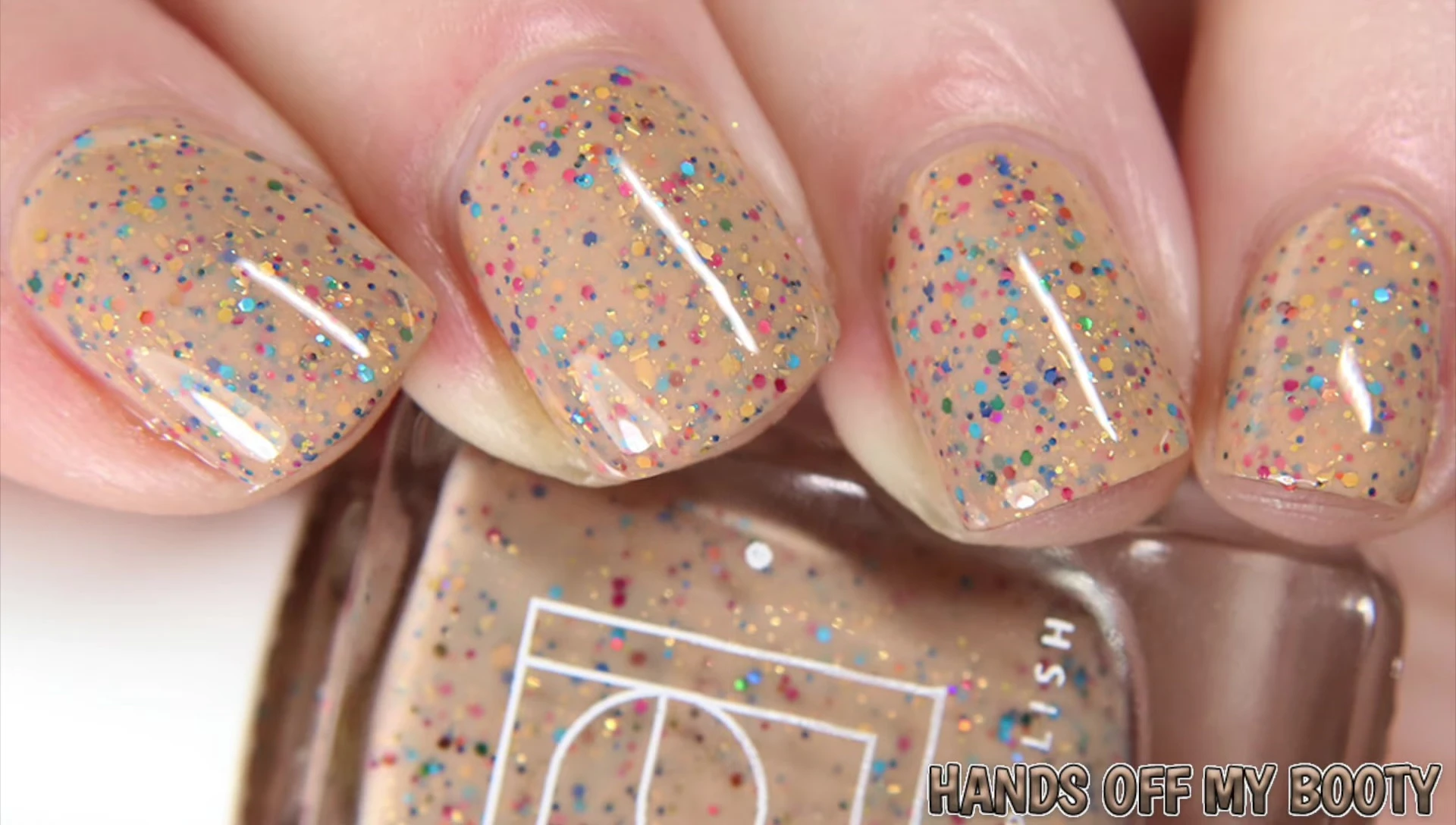 Close-up of Hands Off My Booty nail polish bottle