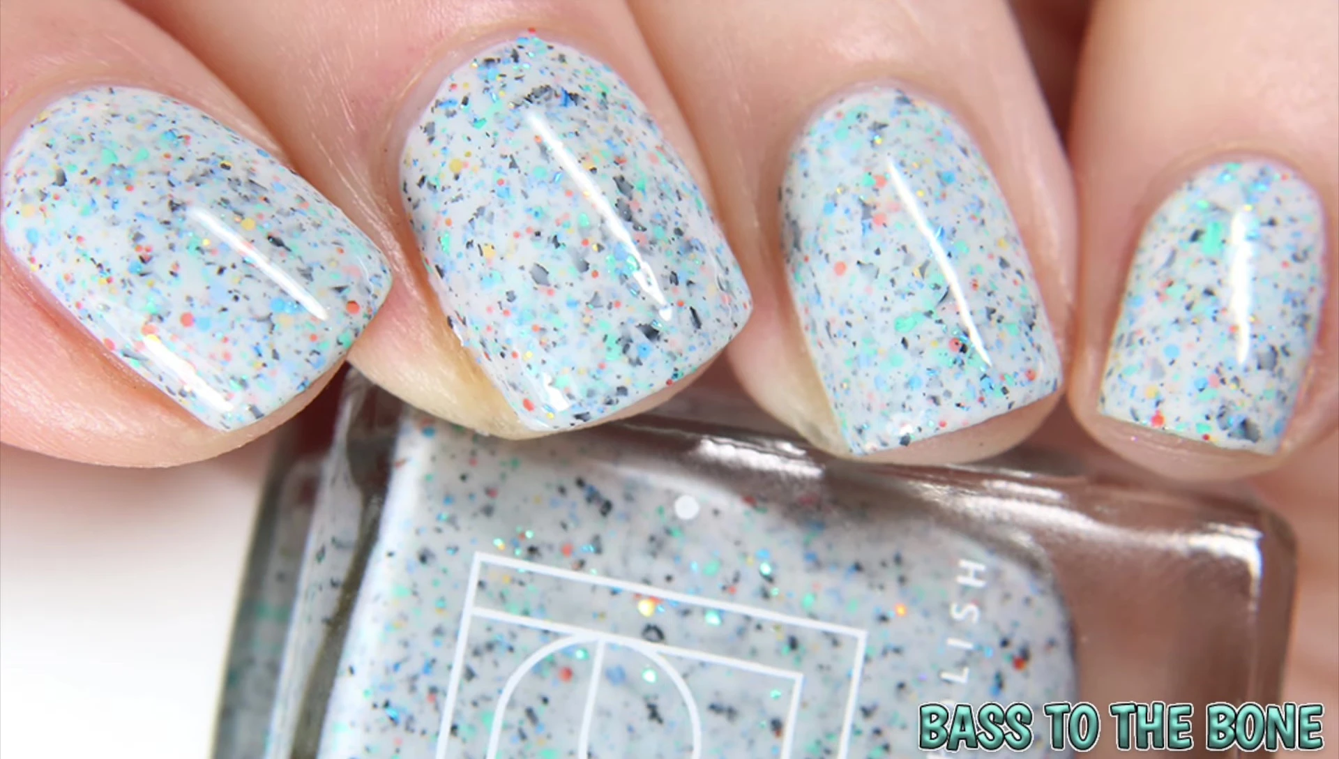 Close-up shot of Bass to the Bone nail polish bottle