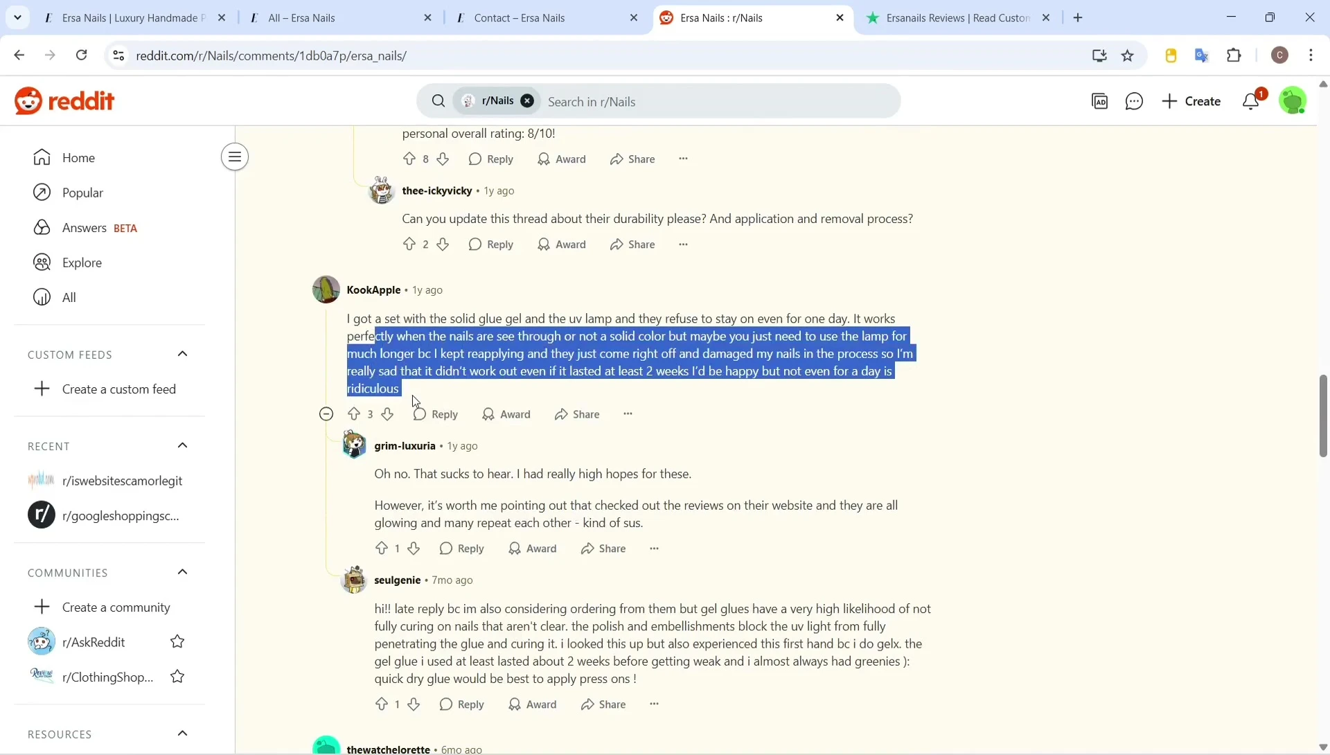 Screenshot mentioning issues with sizing and fit.