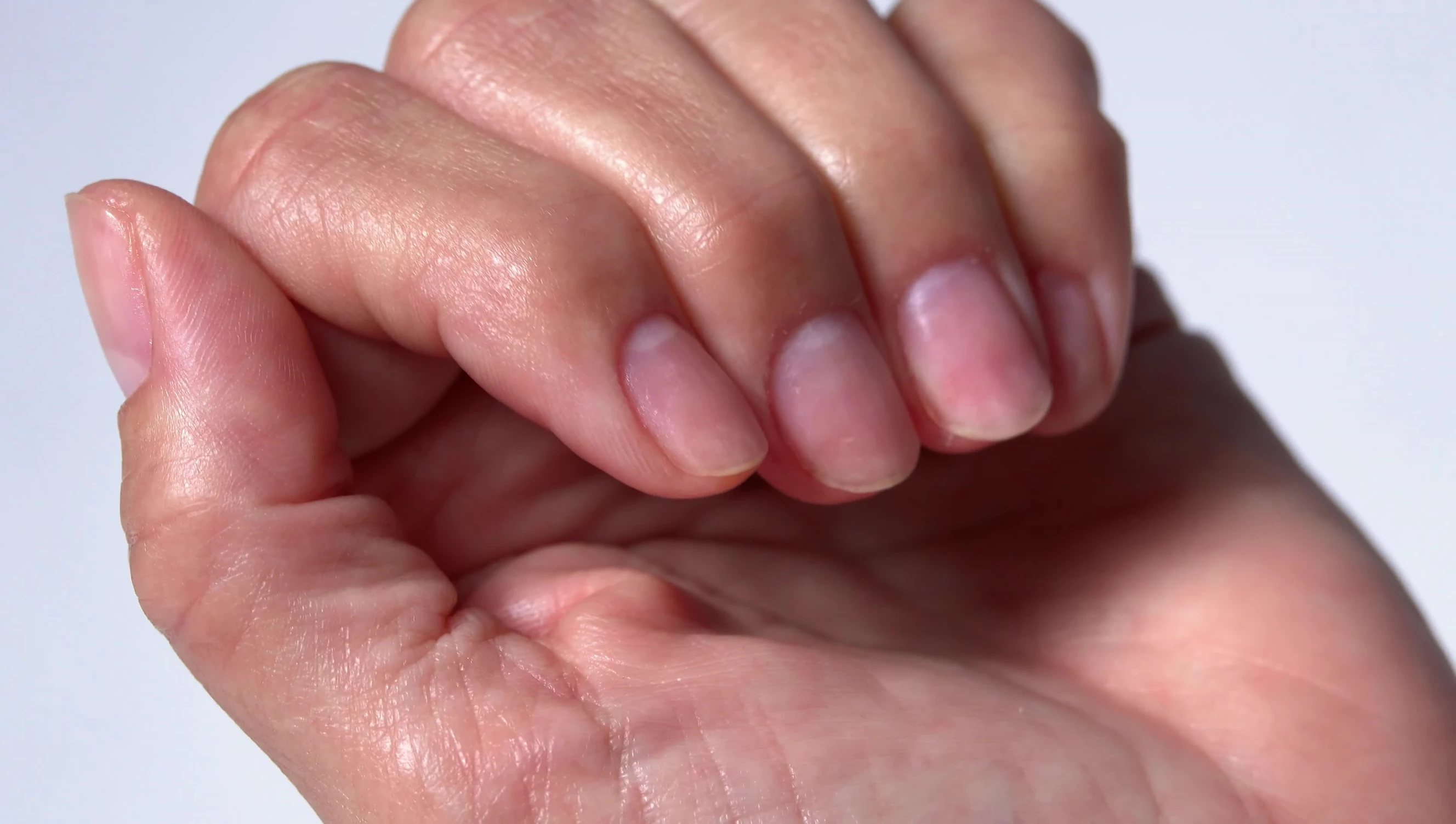 Close-up shot of prepared nails, ready for the strengthener application.